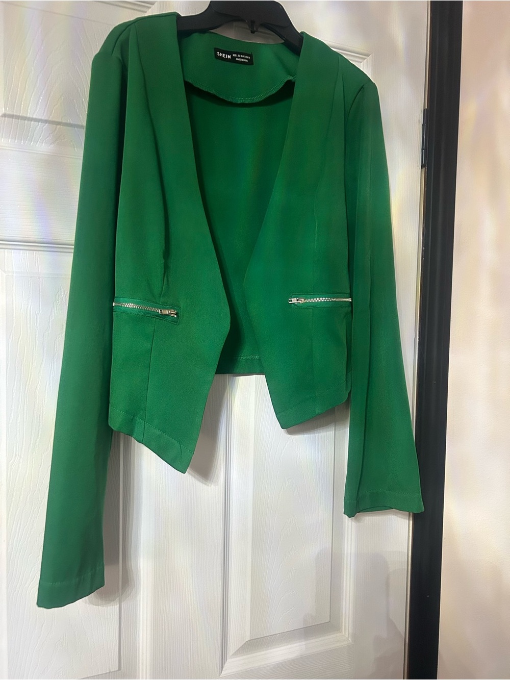 SHEIN Emerald Open-Front Blazer with Zip Pockets